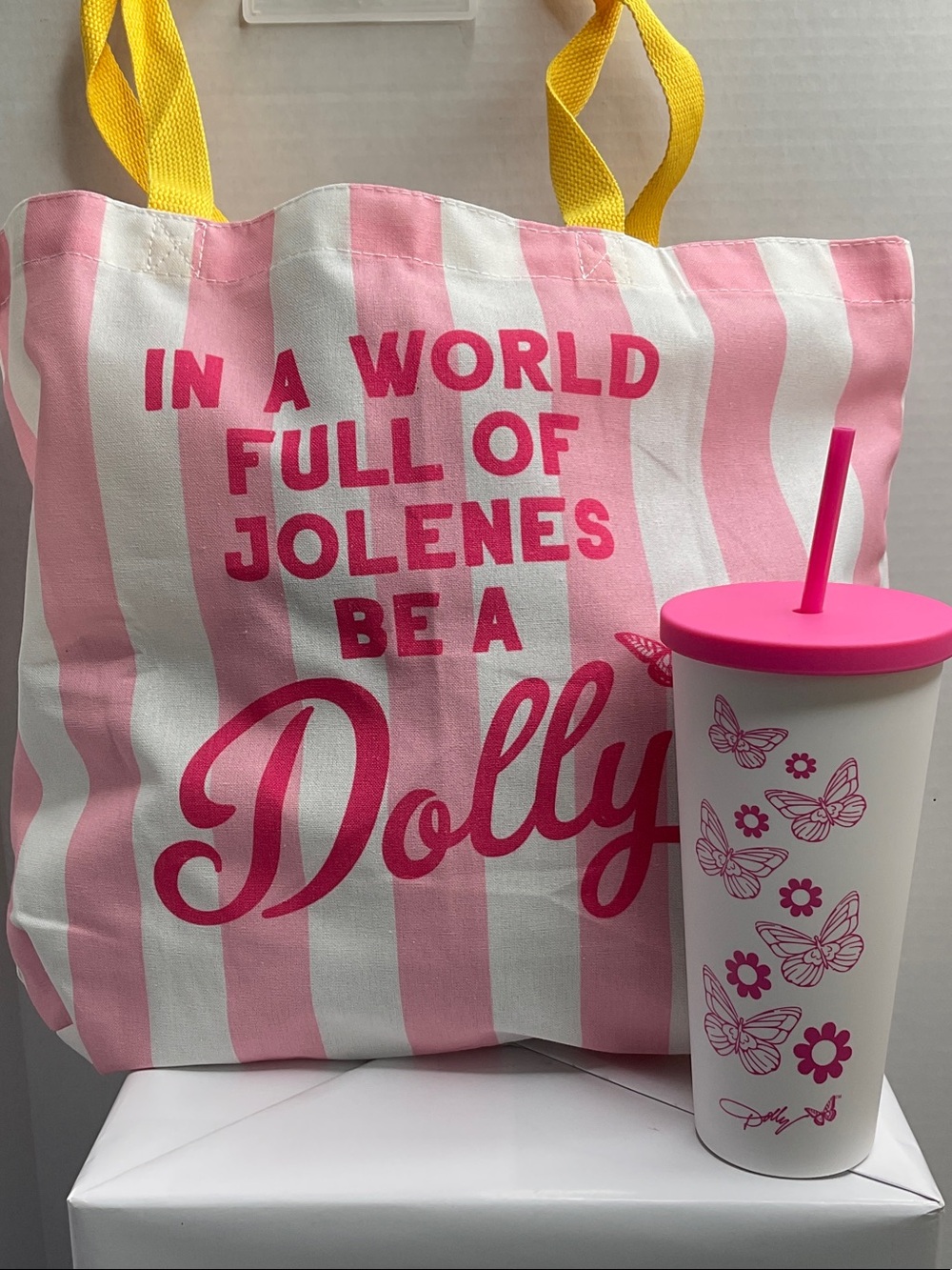 Dolly Pink & White Stripe Tote Bag with Dolly Cup. In a world full of Jolenes